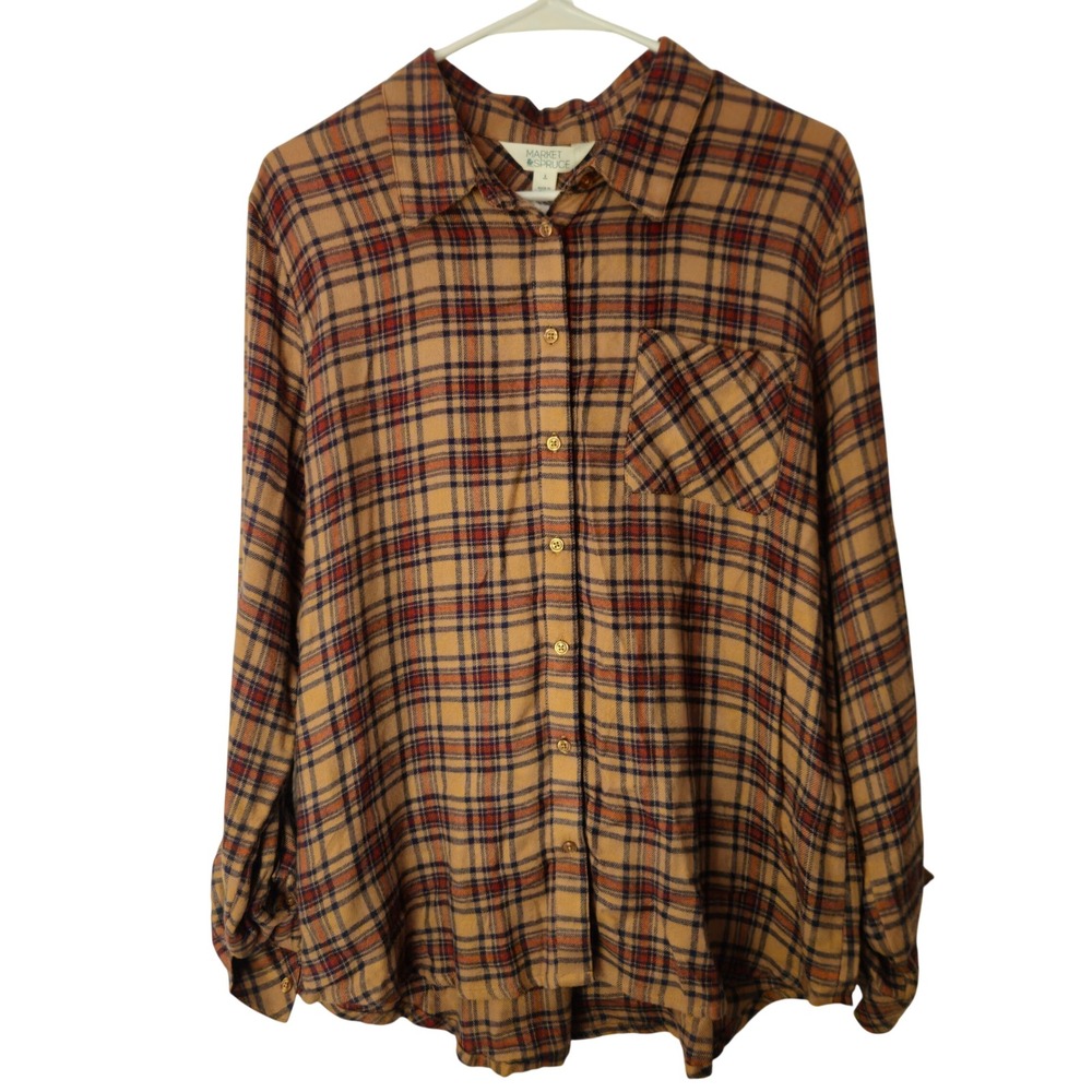 New! Market & Spruce Button Down Plaid Flannel L Tan Cabincore Lumberjack Rustic